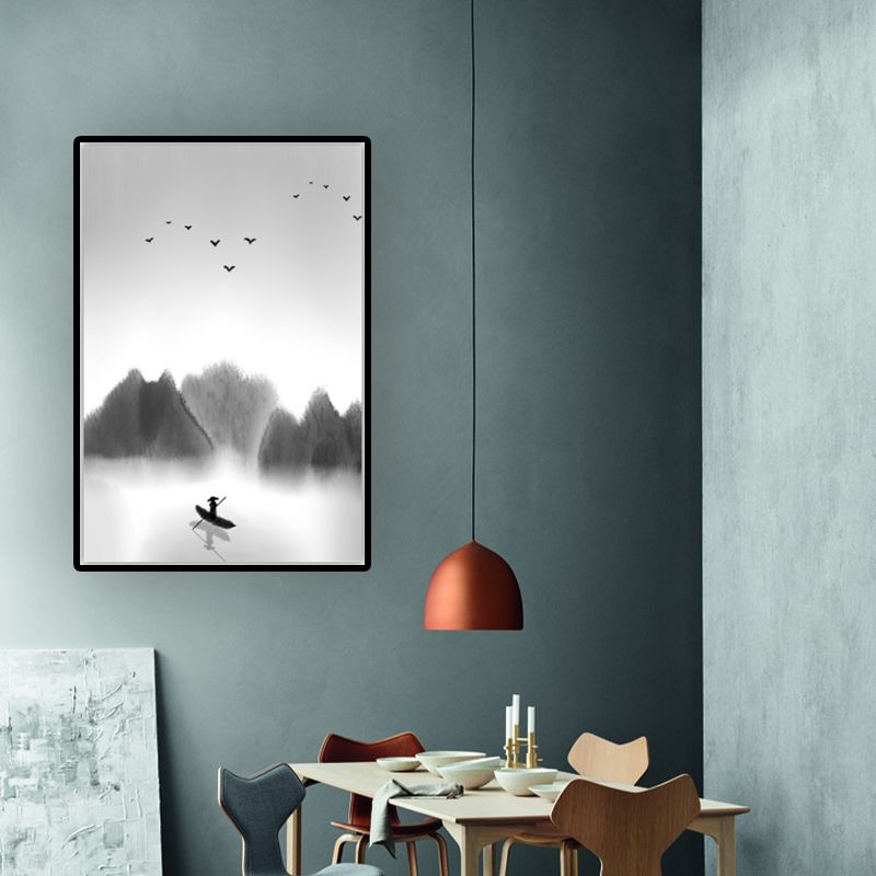 Light-Color Asian Wall Art Boat Floats on Lake by the Foggy Forest Canvas Print for Dining Room
