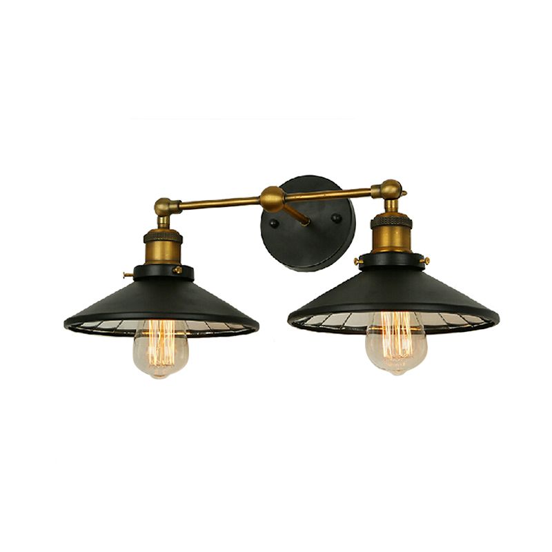 Iron Black and Brass Sconce Flared 2 Heads Antiqued Wall Mounted Light with Linear Arm