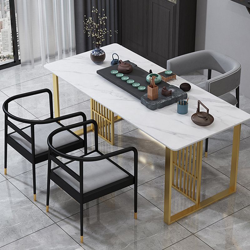 Glam Stone Dining Table Rectangle Iron Table with Golden Double Pedestal Table
