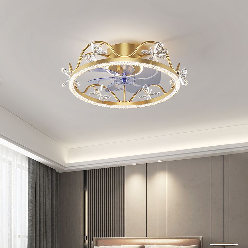 Crown Shaped Kids Bedroom Fan Lighting Metal Macaron LED Semi Flush Ceiling Light with Crystal Decor