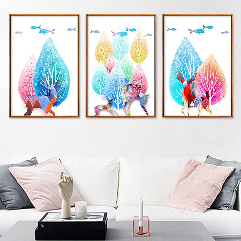 Canvas Home Wall Decor Modernist Elk and Tree Art Print in Blue, Multiple Size Available