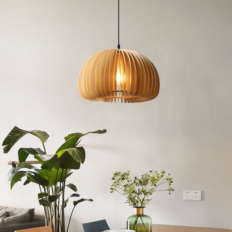 1 Light Pumpkin Shaped Pendant Lamp with Wood Frame Modern Suspension Lighting Fixture