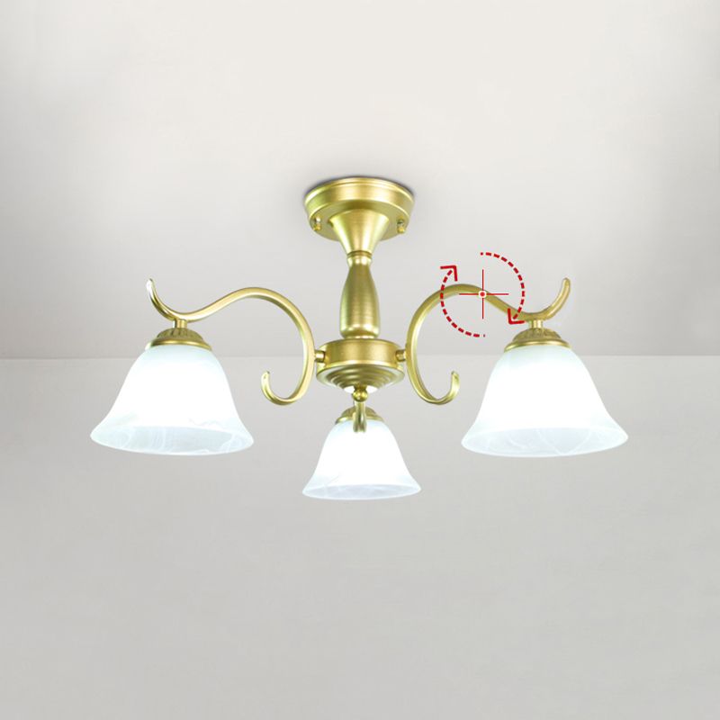 Gold Semi Flush Lamp Traditional Multi-Head Bedroom Ceiling Lighting with Glass Shade