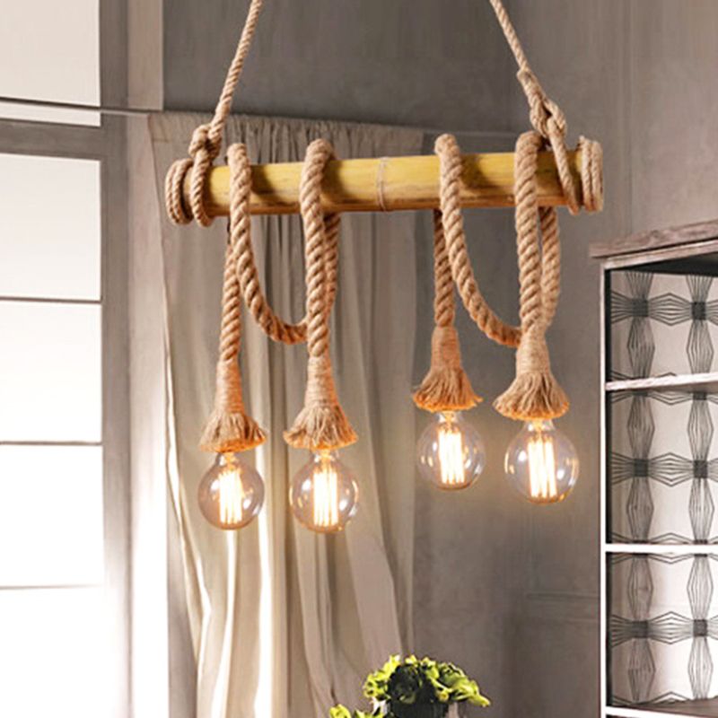 Exposed Bulb Kitchen Pendant Light Fixture Vintage Rope 4/6 Light Beige Hanging Lamp Kit