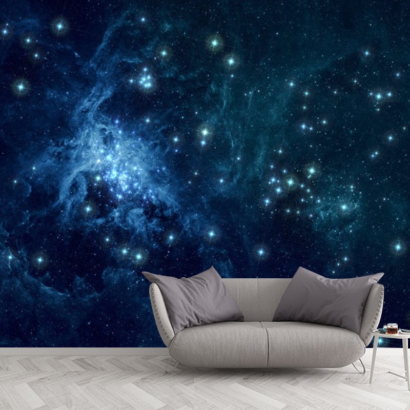 Whole Gleaming Galaxy Mural Wallpaper for Living Room Stars Wall Art in Blue, Water-Resistant