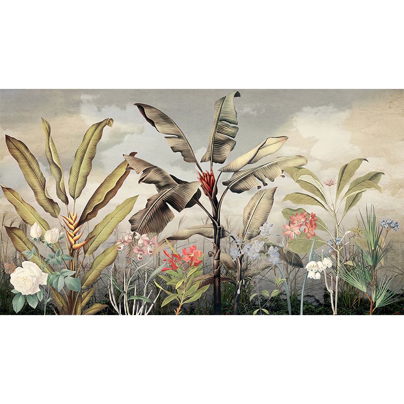Big Illustration Nordic Wall Mural for Guest Room with Banana Leaf and Blossoms Design in Green