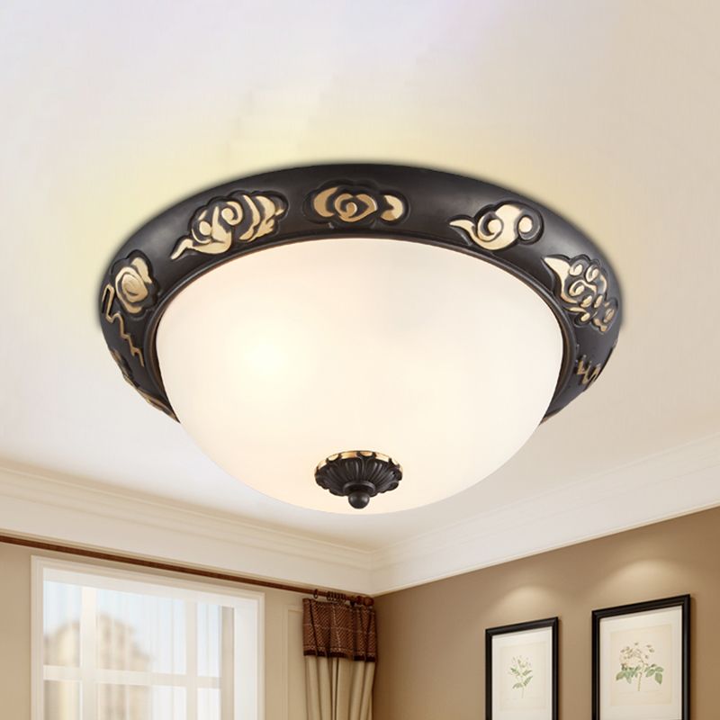 3/4-Head Cream Glass Ceiling Fixture Retro Black Dome Bedroom Flush Mount Recessed Lighting with Embossed Rose Edge