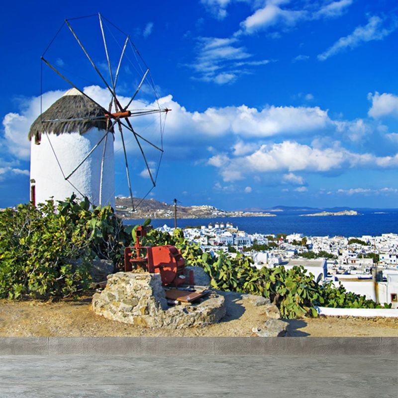 Huge Windmill Mural for Bathroom Nature Landscape Wall Art in Blue, Stain Resistant