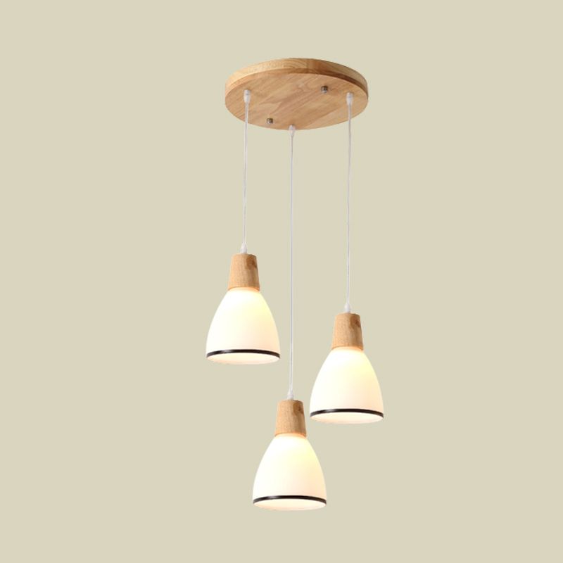 Wood Bell Multi Light Pendant Japanese 3 Heads White Glass Ceiling Suspension Lamp over Table