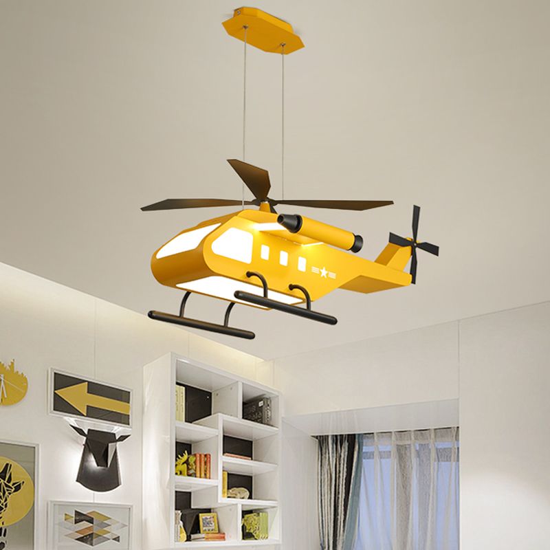 Cartoon -LED -Anhänger Beleuchtung mit Metallschatten gelb/grüner Hubschrauber Hanging Lampe für Jungen Zimmer