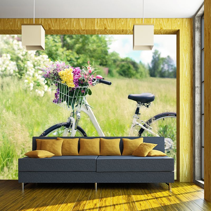 Modern Photography Mural with Bike and Flower Wallpaper Wall Covering for Dining Room