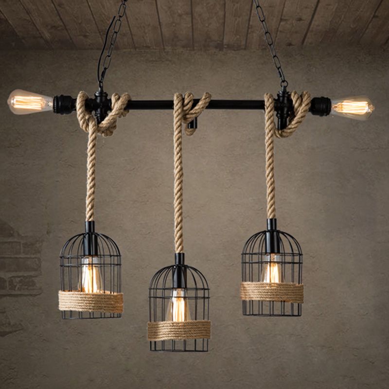 Birdcage Island Chandelier Lights Industrial Rope Chandelier Lighting Fixtures for Dining Table