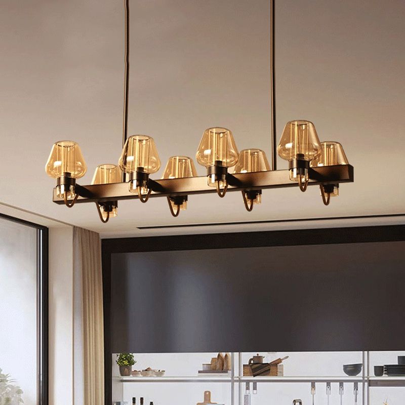 Cone Island Lighting Modernist Clear/Amber/Smoke Glass 6/8 Lights Black/Brass Ceiling Pendant Lamp with Linear Design