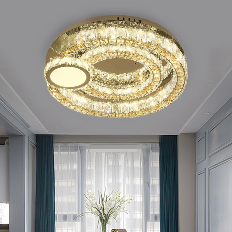 LED Ring Flushmount Contemporary Stainless-Steel Finish Clear Faceted Crystal Blocks Ceiling Lighting