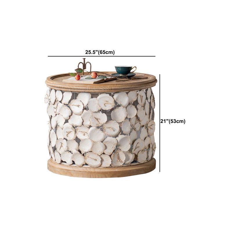 French Country Wood Round Tray Coffee Table Iron Drum Cocktail Table