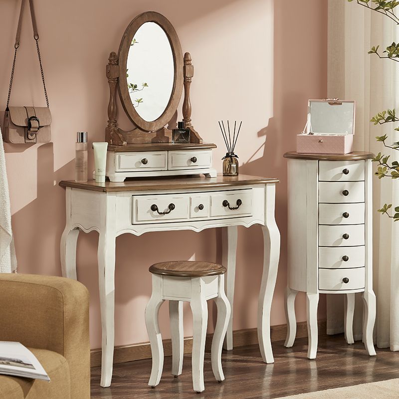 Victorian White Makeup Vanity Desk Table Solid Wood Dressing Table Stool Set