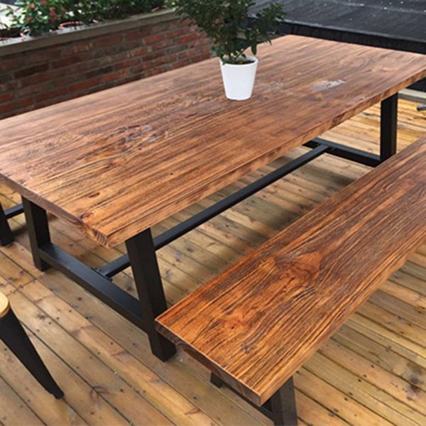 Solid Wood Top Dining Table Industrial Rectangle Table with Trestle Base in Black