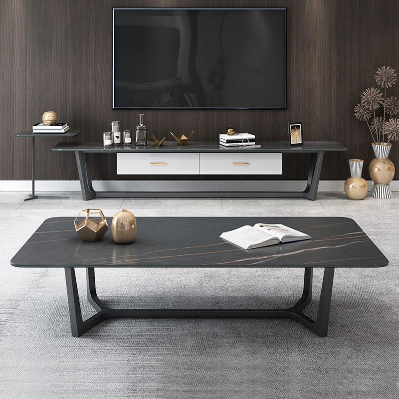 Modern Style Rectangular Slate Table with Metal Trestle Type Base Coffee Table