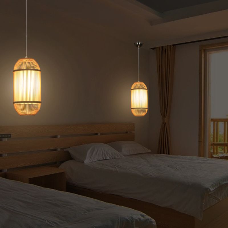 Oblong Shade Hanging Lamp Country Style Bamboo 1-Light Beige Ceiling Light Fixture for Bedroom