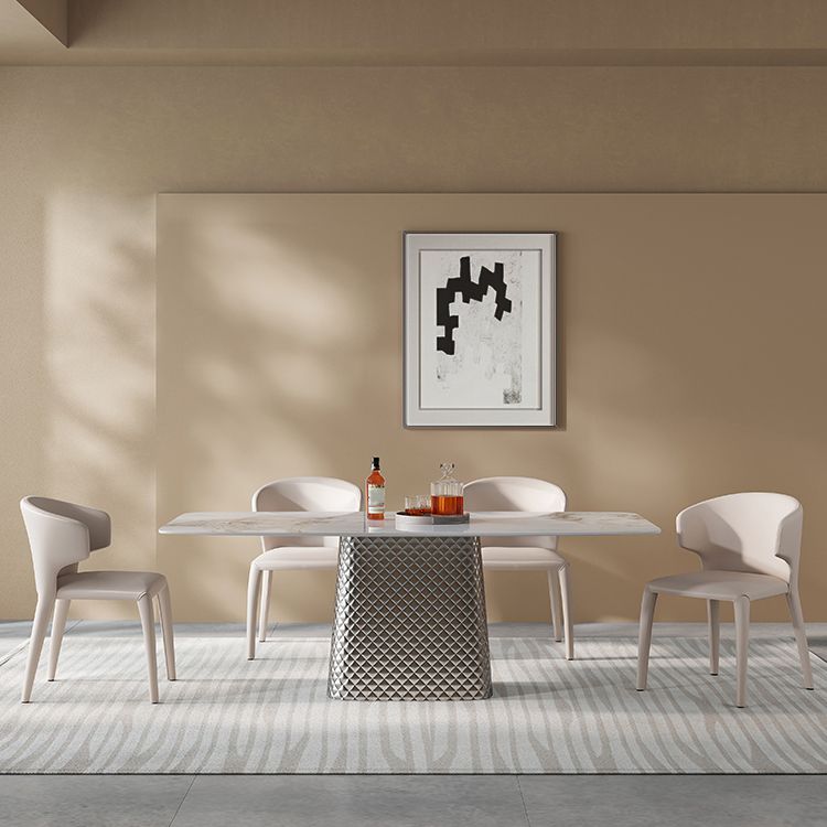 Modern White Rectangular Stone Top Dining Table with Silver Pedestal