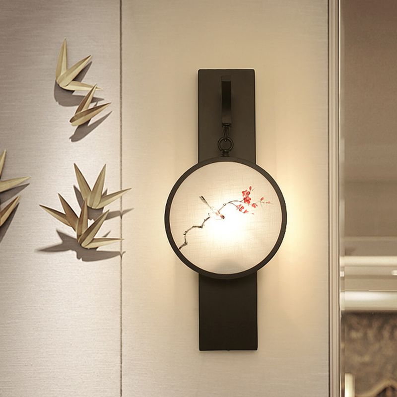 Flower/Bird LED Mural Wall Hanging Light Chinese Fabric Tearoom Wall Mounted Lamp in Black