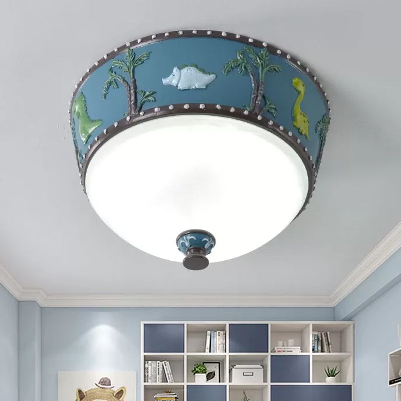 Bowl Opal Glass Ceiling Lamp Kids Blue/Yellow LED Flush Mount with Dinosaur and Tree Pattern in White/Warm Light