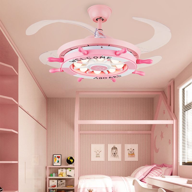 42" Cartoon Rudder Ceiling Fan Lamp Metallic Child Room LED Semi Flush Light