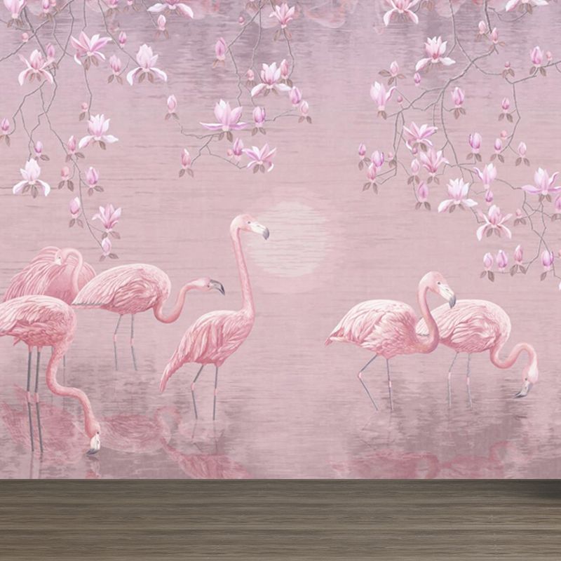 Lotus Pond Flamingo Wall Mural Tropical Non-Woven Material Wall Decor for Bedroom