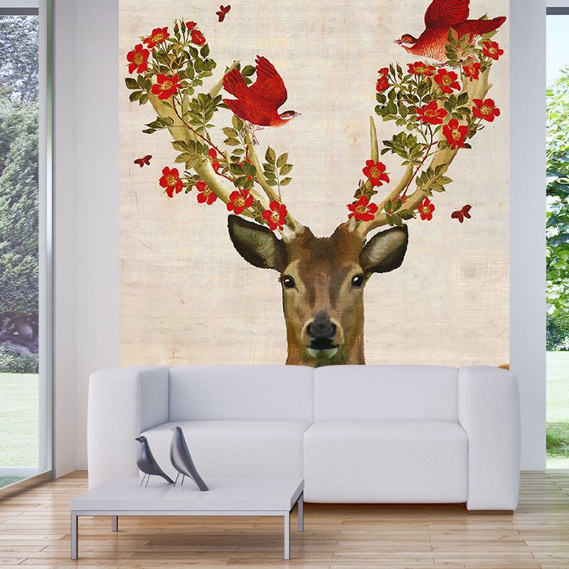 Red Brown Artistry Wallpaper Murals Whole Deer with Flower Antler Wall Art for Bedroom