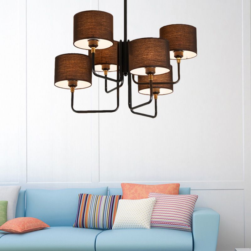 Lámpara de lámpara de lámpara de metal Sputnik Contemporánea Multi Luces Led colgante de LED negro con tono de tambor de tela marrón/blanco