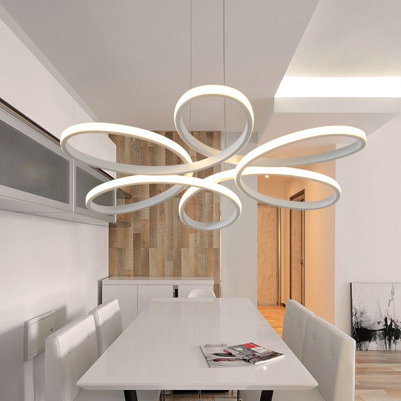 Flower Metal Hanging Light Fixture Minimalist Style LED White Chandelier Light Fixture