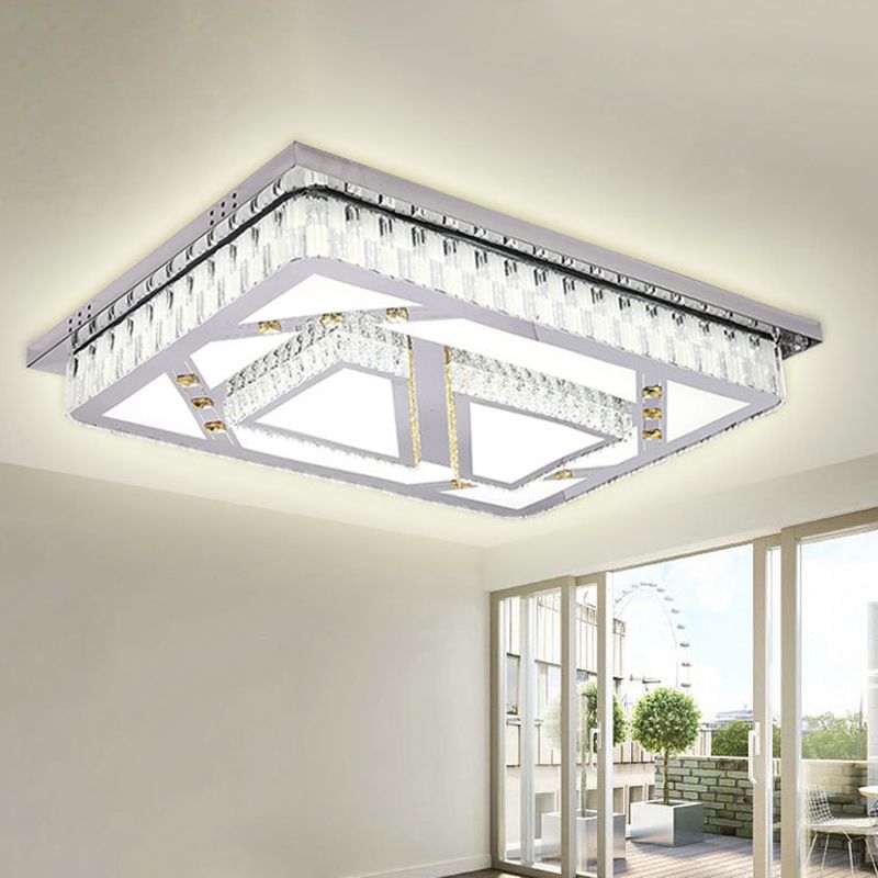 Stainless Steel Rectangle Flush Lamp Contemporary Crystal Flush Mount LED Light for Living Room