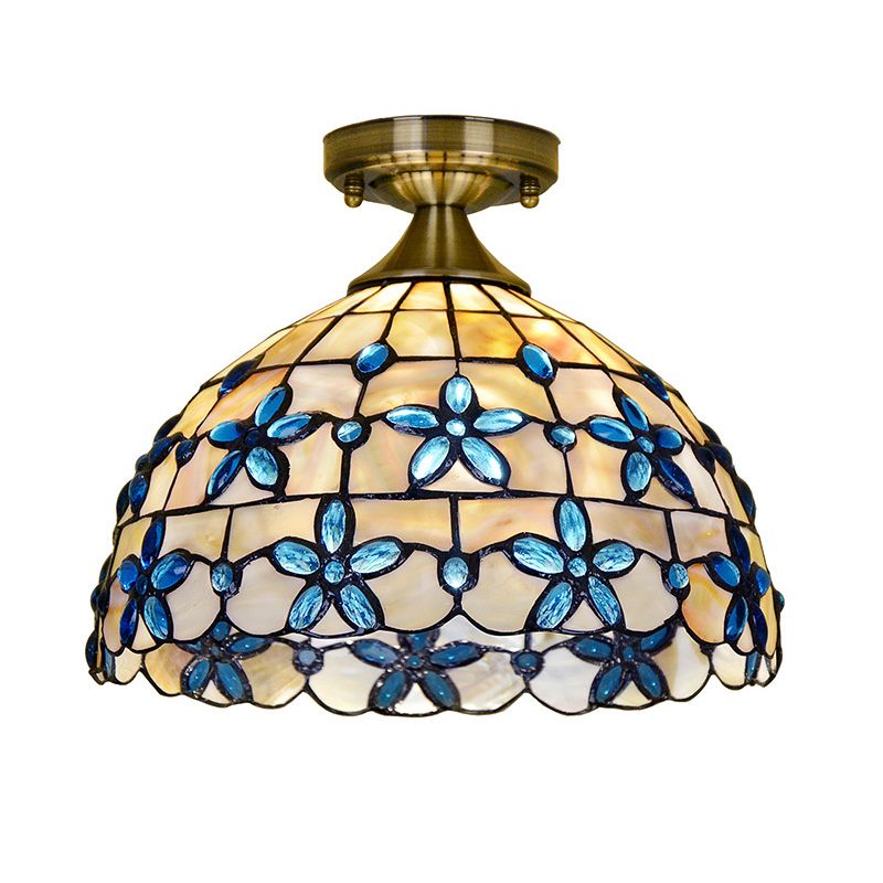 Dôme en laiton près du plafonnier Tiffany 5"/8"/12" de large, éclairage encastré à 1 tête avec bijoux floraux bleus