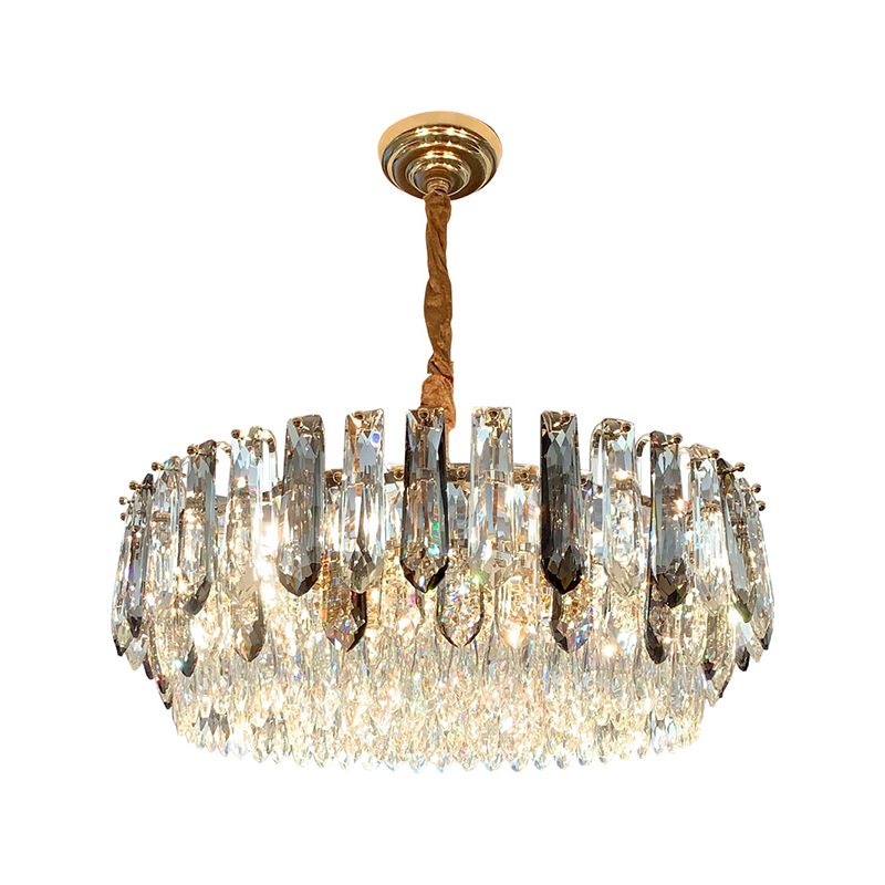 9 Heads Grey Crystal Block Chandelier Modern Gold Round Living Room Ceiling Hang Fixture