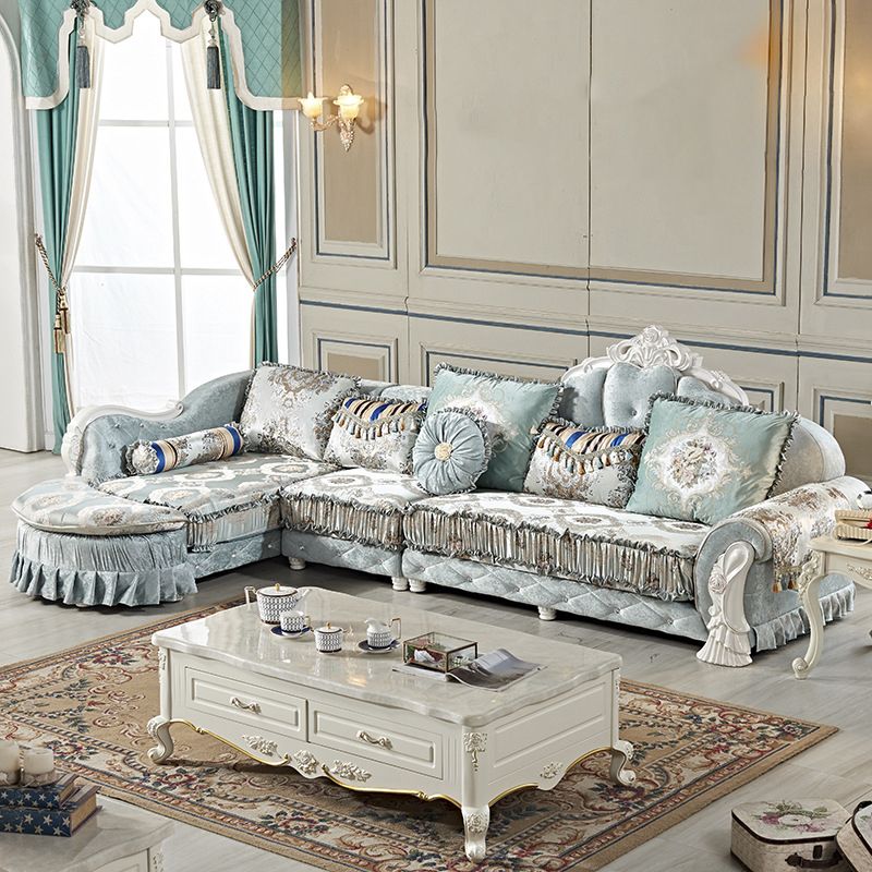 Traditional Wooden 4-Seater Sofa Chaise Flared Arm Sofa with Pillows