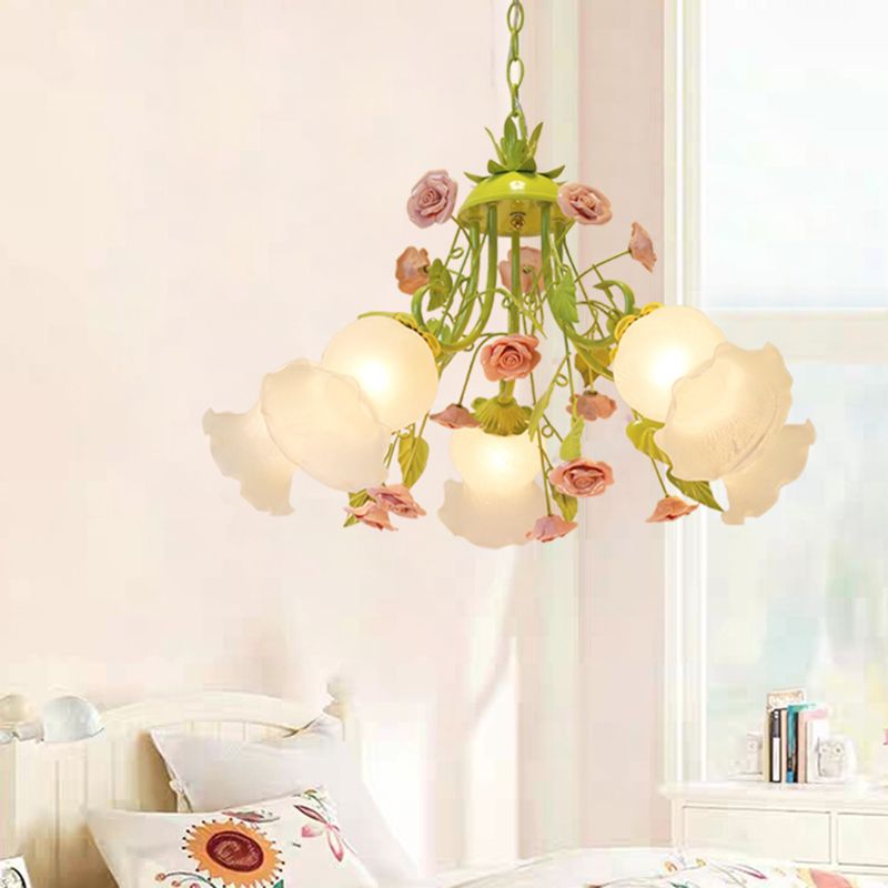 Pink/Green 5 Heads Chandelier Lighting Traditionalism Opal Glass Blossom Pendant Ceiling Light for Living Room