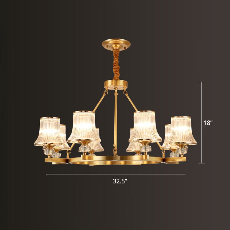 Brass Flared Chandelier Vintage Clear Rib Glass Living Room Suspension Pendant Light