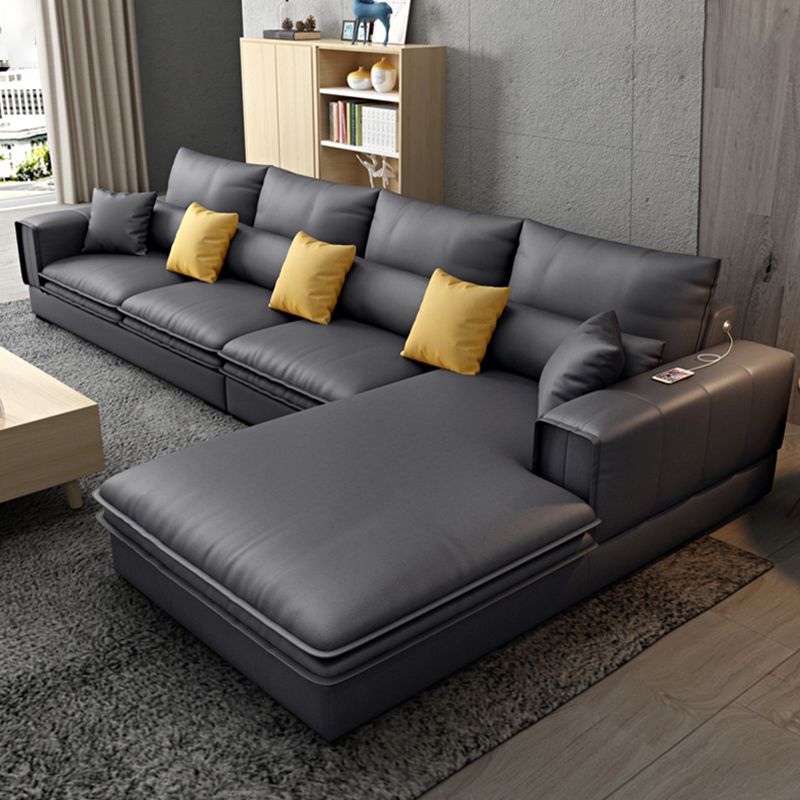 Contemporary Stationary Faux Leather Recessed Arm Pillows Sofa Chaise