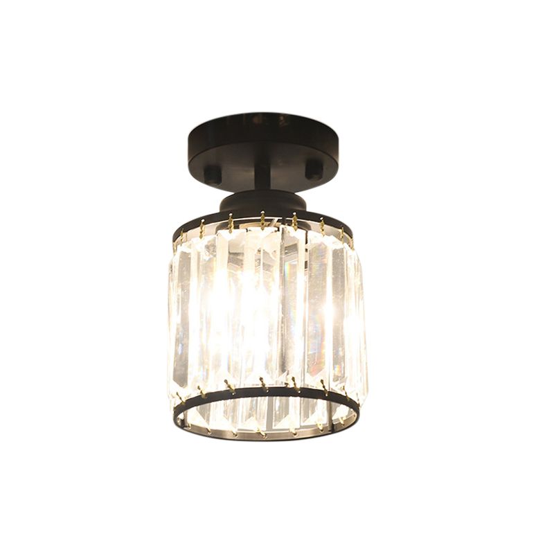 1 Light Corridor Semi-Flush Light Gold / Black Ceiling Light with Cylinder Crystal Block Shade