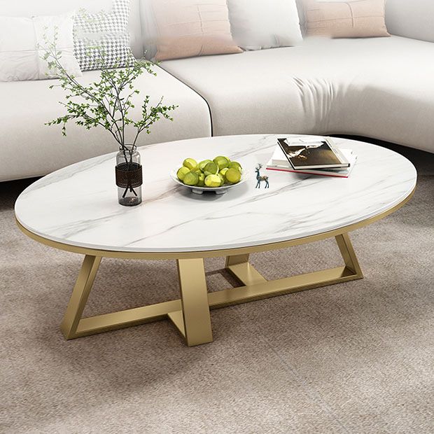 Metal Cross Legs Cocktail Table Luxurious Oval Stone Top Coffee Table