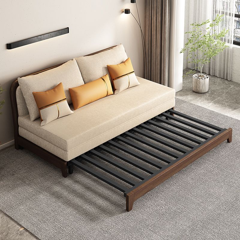 Linen Armless Sofa Bed with Pillow Back Solid Wood Sofa Bed in Beige