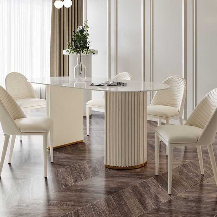 Oval Double Pedestal Modern Dining Table White Fixed Table with Sintered Stone
