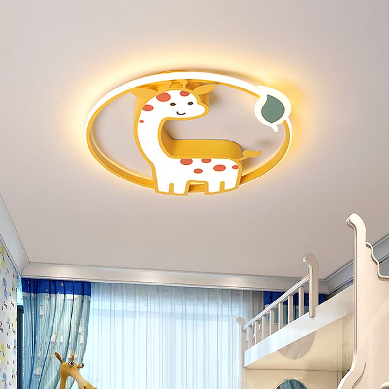 Acrylic Giraffe Flush Ceiling Light Cartoon Style Yellow Flushmount Fixture with Leaf Design in Warm/White Light