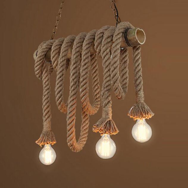 Country Rope Rope Island Light 3/4/6-Light Bamboo Island Pendant Light avec une ampoule nue en beige