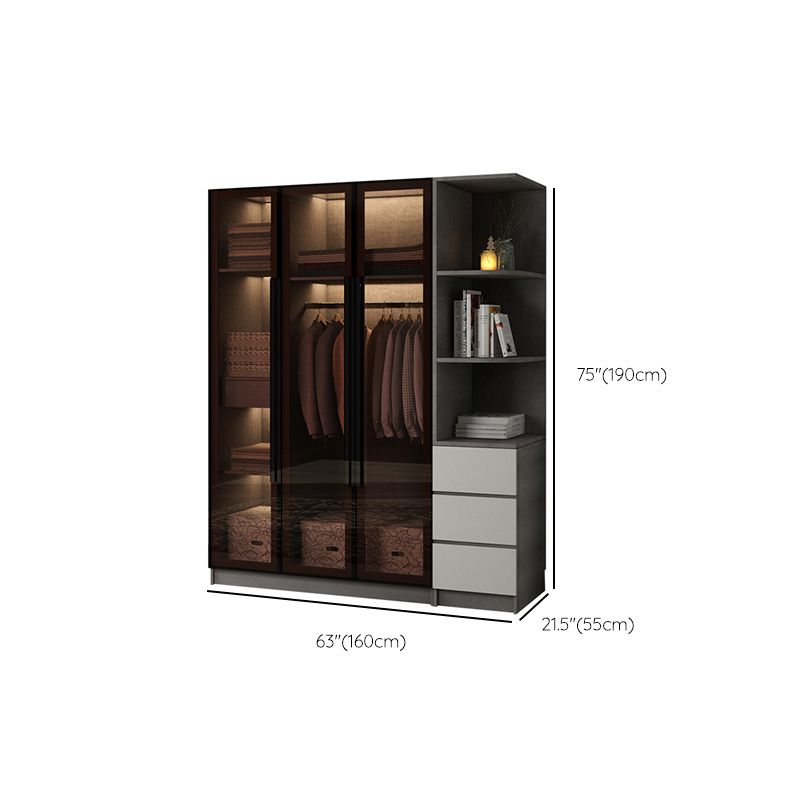 Modern Glass Hinged Doors Wardrobe Armoire Wood Frame Wardrobe with Shelves without Light