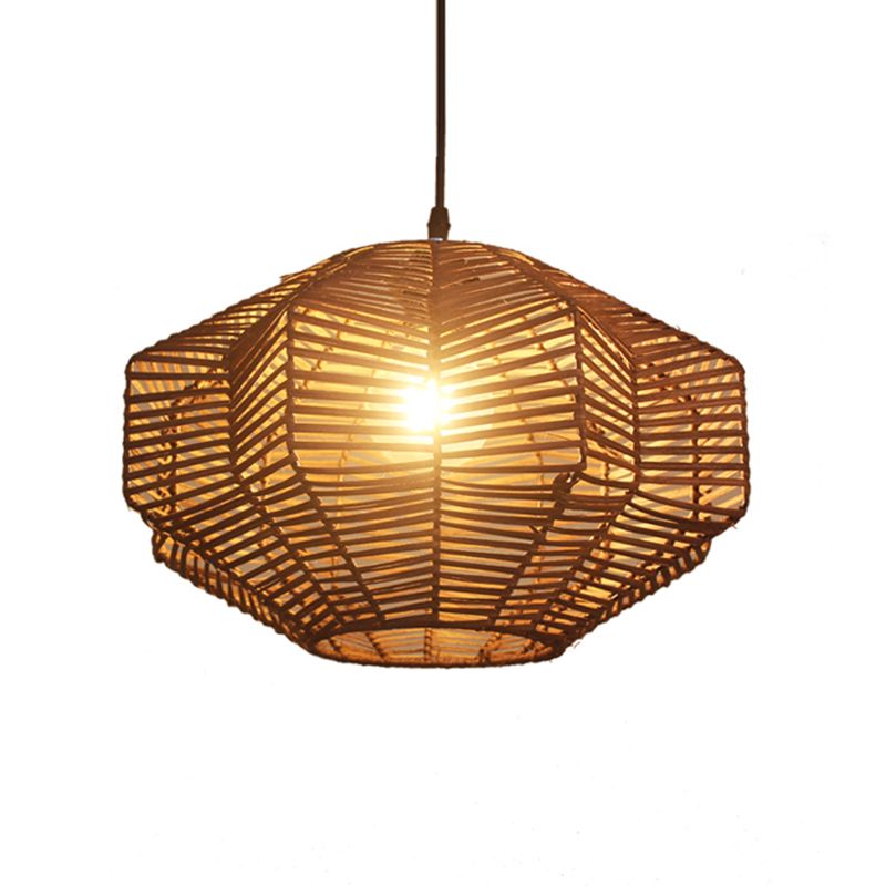 Brown Lantern Pendant Lighting Traditionary Rattan 1 Bulb Hanging Lamp Kit for Restaurant