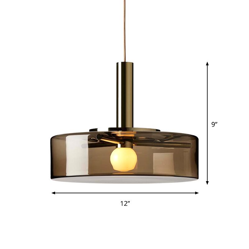 Contemporary Drum Hanging Lamp Smoke Gray Glass 1 Bulb Living Room Down Lighting Pendant