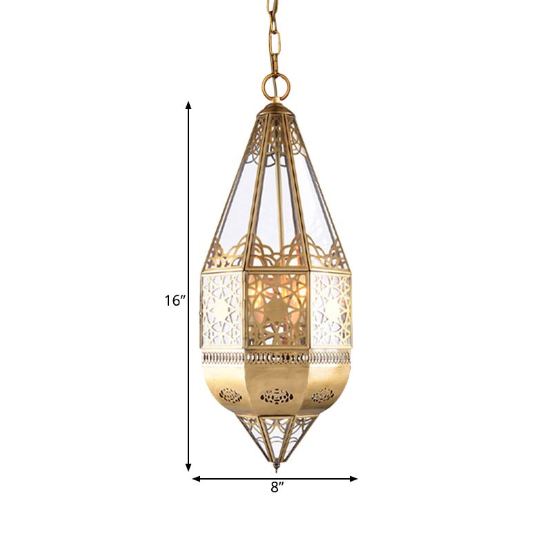 1 Head Clear Glass Pendant Lamp Arabian Brass Lantern Restaurant Ceiling Light with Hollow Pattern