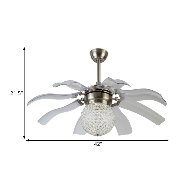 Witte bol semi -spoel moderne heldere kristallen ballen ingebed salon led hangende ventilatorlicht met 8 messen, 42 "breed