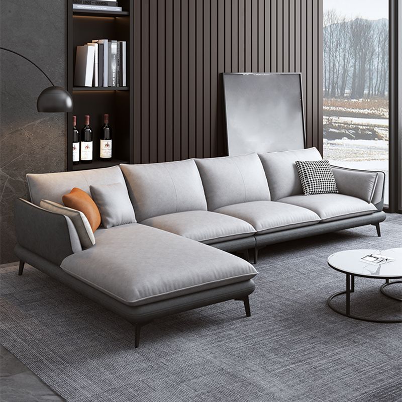 Faux Leather Sofa & Chaise Modern Flared Arm Sofa in Light Grey